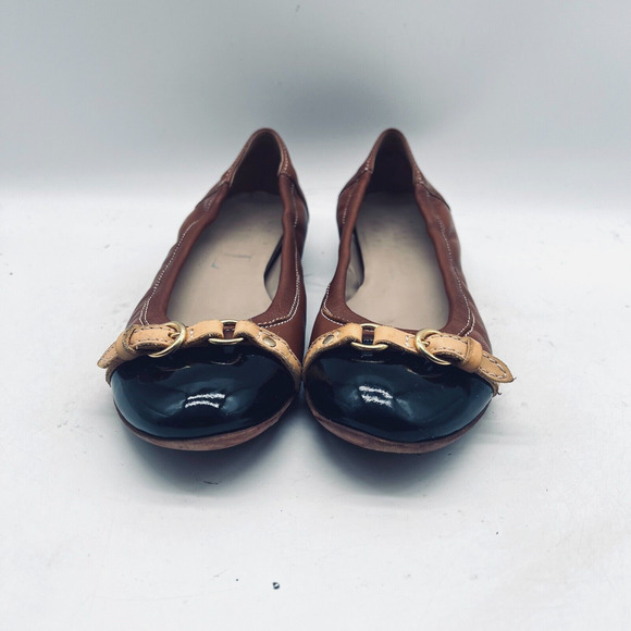 AGL Shoes Womens 36.5 US 6.5 Brown Black Ballet Flats Cap Toe Buckle Monika - Picture 2 of 12